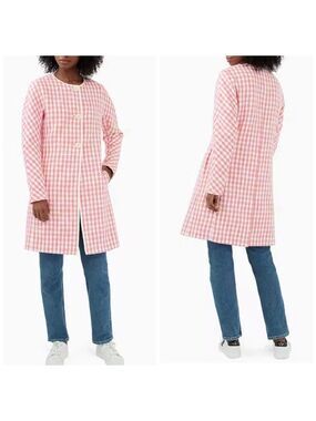 Kate Spade Gingham Tweed A-Line Button Front Collarless Coat Jacket